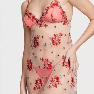 Victoria Secret Floral Embroidery Sheer Mesh Slip with panty thong XL
